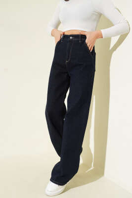 Pazarium - Yüksek Bel Baggy Pantolon Lacivert