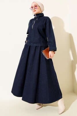 Pazarium - Yarım Fermuarlı Etekli Kot İkili Takım Lacivert