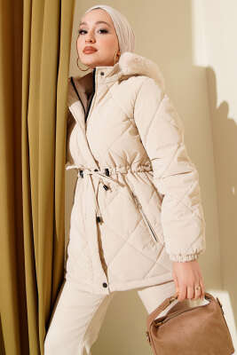 Pazarium - Fermuarlı Kapüşonlu Kısa Kapitone Mont Taş