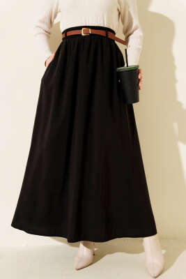 Pazarium - Kemerli Bel Lastikli Tensel Etek Siyah