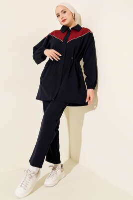 Pazarium - Bel Tünelli Omuz Biyeli İkili Takım Lacivert