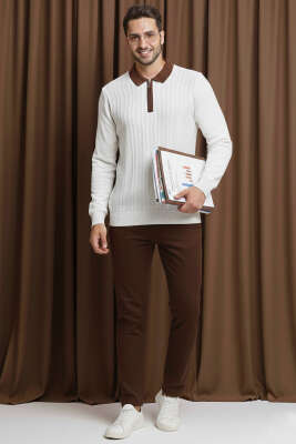 Fermuarlı Polo Yaka Örme Erkek Kazak Beyaz - Thumbnail