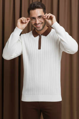 Pazarium - Fermuarlı Polo Yaka Örme Erkek Kazak Beyaz