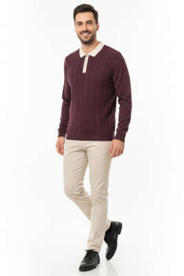 Fermuarlı Polo Yaka Örme Erkek Kazak Mürdüm - Thumbnail