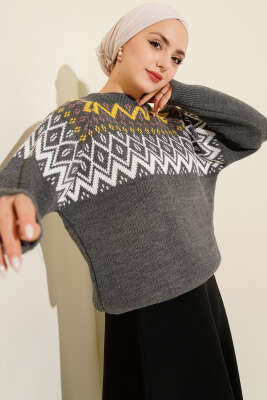 Pazarium - Zigzag Desenli Triko Kazak Füme