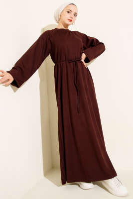 Pazarium - Duble Kol İp Kuşaklı Loyşa Elbise Kahve