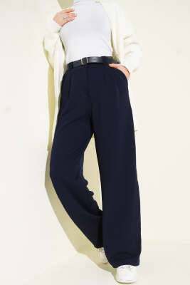 Pazarium - Kemerli Pileli Geniş Paça Pantolon Lacivert