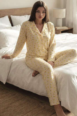 Pazarium - Gömlek Yaka Damla Desen Pijama Takımı Lime