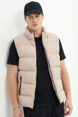 Pazarium - Dik Yaka Fermuarlı Erkek Şişme Mont Bej