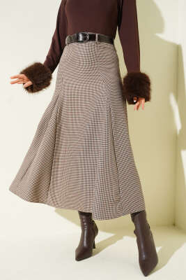 Pazarium - Kazayağı Desen Pensli Etek Bej