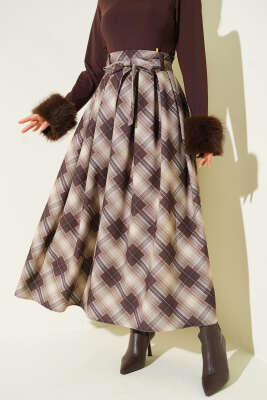 Pazarium - Ekose Desenli Kuşaklı Etek Bej