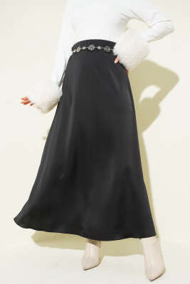 Pazarium - Beli Fermuarlı Saten Etek Siyah