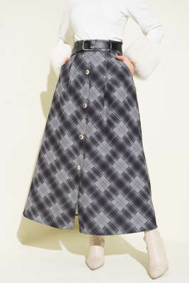 Pazarium - Önü Düğmeli Ekoseli Etek Füme