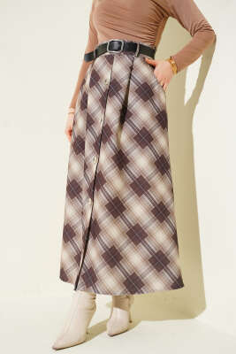 Pazarium - Önü Düğmeli Ekoseli Etek Bej