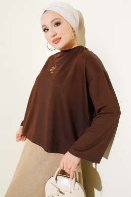 Pazarium - Çiçek İşlemeli Loyşa Bluz Kahve