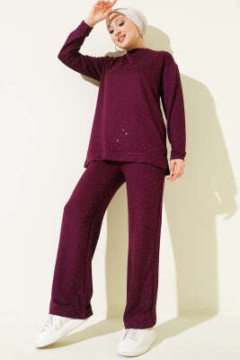 Pazarium - Loyşa Mini Taşlı Süslemeli İkili Takım Mürdüm