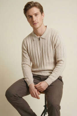 Pazarium - Yarım Fermuar Polo Yaka Erkek Kazak Taş