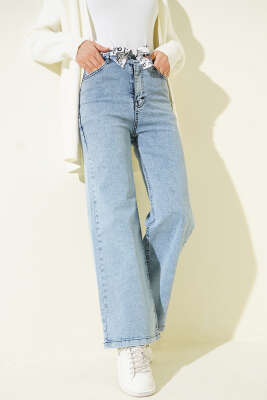 Pazarium - Kuşaklı Geniş Paça Kot Pantolon Açık Kot