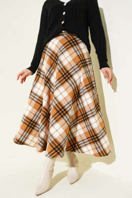 Pazarium - Ekose Desenli Fermuarlı Kaşe Etek Camel