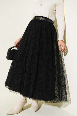 Pazarium - Tül Çiçekli Kemerli Etek Siyah