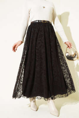 Pazarium - Tül Çiçekli Kemerli Etek Kahve