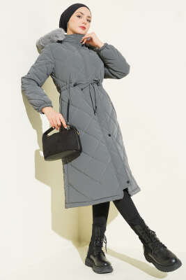 Pazarium - Baklava Kapitone Kapüşonlu Mont Füme