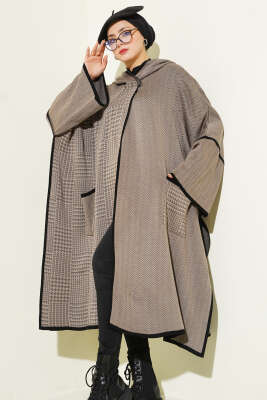 Kazayağı Desen Kapüşonlu Panço Latte - Thumbnail