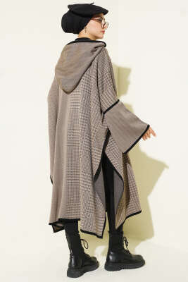 Kazayağı Desen Kapüşonlu Panço Latte - Thumbnail