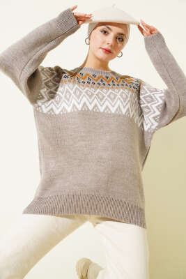 Pazarium - Zigzag Desenli Triko Kazak Vizon