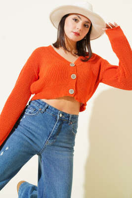 Pazarium - Üç Düğmeli Triko Crop Hırka Oranj