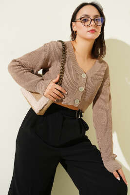 Pazarium - Üç Düğmeli Triko Crop Hırka Latte