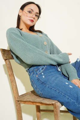 Pazarium - Üç Düğmeli Triko Crop Hırka Çağla Yeşili