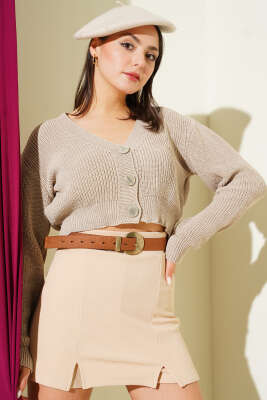 Pazarium - Üç Düğmeli Triko Crop Hırka Bej