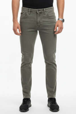 Pazarium - Dar Paça Cepli Düğmeli Erkek Kot Pantolon Haki