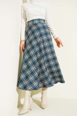 Pazarium - Ekose Desenli Bel Fermuarlı Etek İndigo