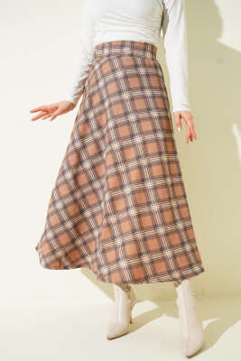 Pazarium - Ekose Desenli Bel Fermuarlı Etek Camel