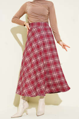 Pazarium - Ekose Desenli Bel Fermuarlı Etek Bordo