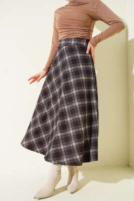 Pazarium - Ekose Desenli Bel Fermuarlı Etek Acı Kahve