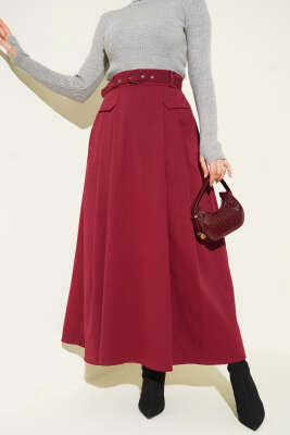 Pazarium - Kemerli Pile Detaylı Cepli Etek Bordo