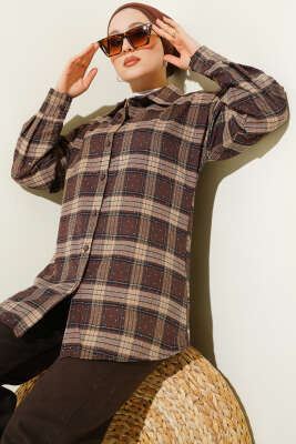 Pazarium - Ekose Desen Taşlı Gömlek Kahve