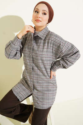 Pazarium - Ekose Desen Taşlı Gömlek Gri