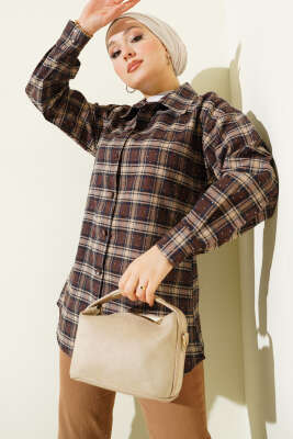 Pazarium - Ekose Desen Taşlı Gömlek Acı Kahve