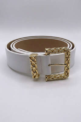 Pazarium - Gold Örgü Tokalı Kemer Beyaz