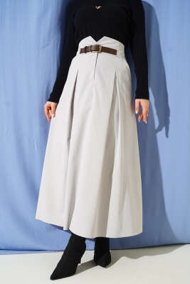 Pazarium - Kemer Tokalı Düğmeli Etek Taş