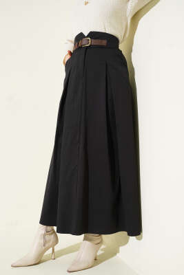 Pazarium - Kemer Tokalı Düğmeli Etek Siyah