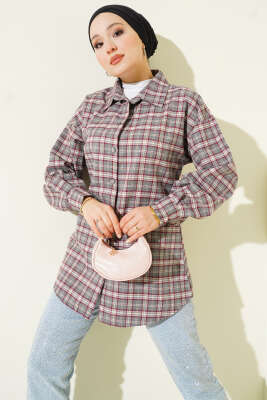 Pazarium - Ekose Desen Taşlı Gömlek Kayrak Grisi