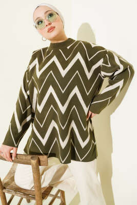 Pazarium - Zikzak Desenli Triko Tunik Haki