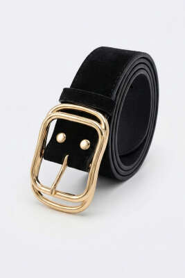 Pazarium - İç İçe Gold Tokalı Kemer Siyah Süet