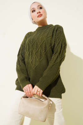 Pazarium - Örgü İşlemeli Triko Kazak Haki