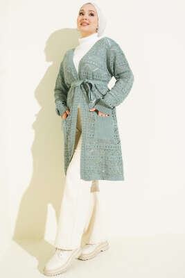 Pazarium - Zikzak Desenli Delikli Kuşaklı Triko Hırka Çağla Yeşili